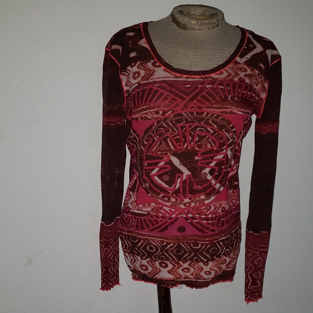 RARE NOUGHTIES Y2K FRENCH MARC AUREL  Pink and Brown Long Sleeve Top L XL